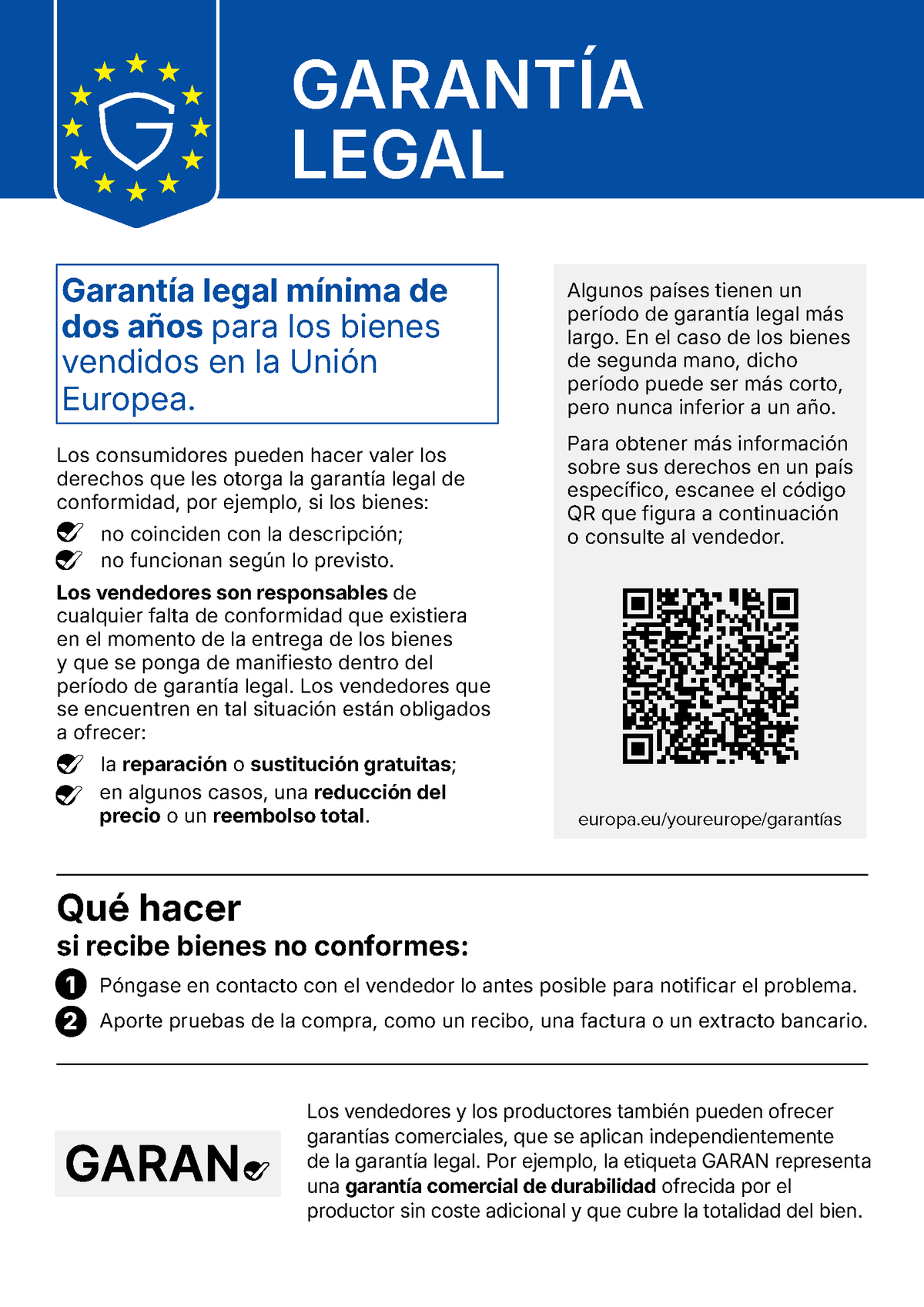 Aviso de la UE sobre el derecho de garantía legal